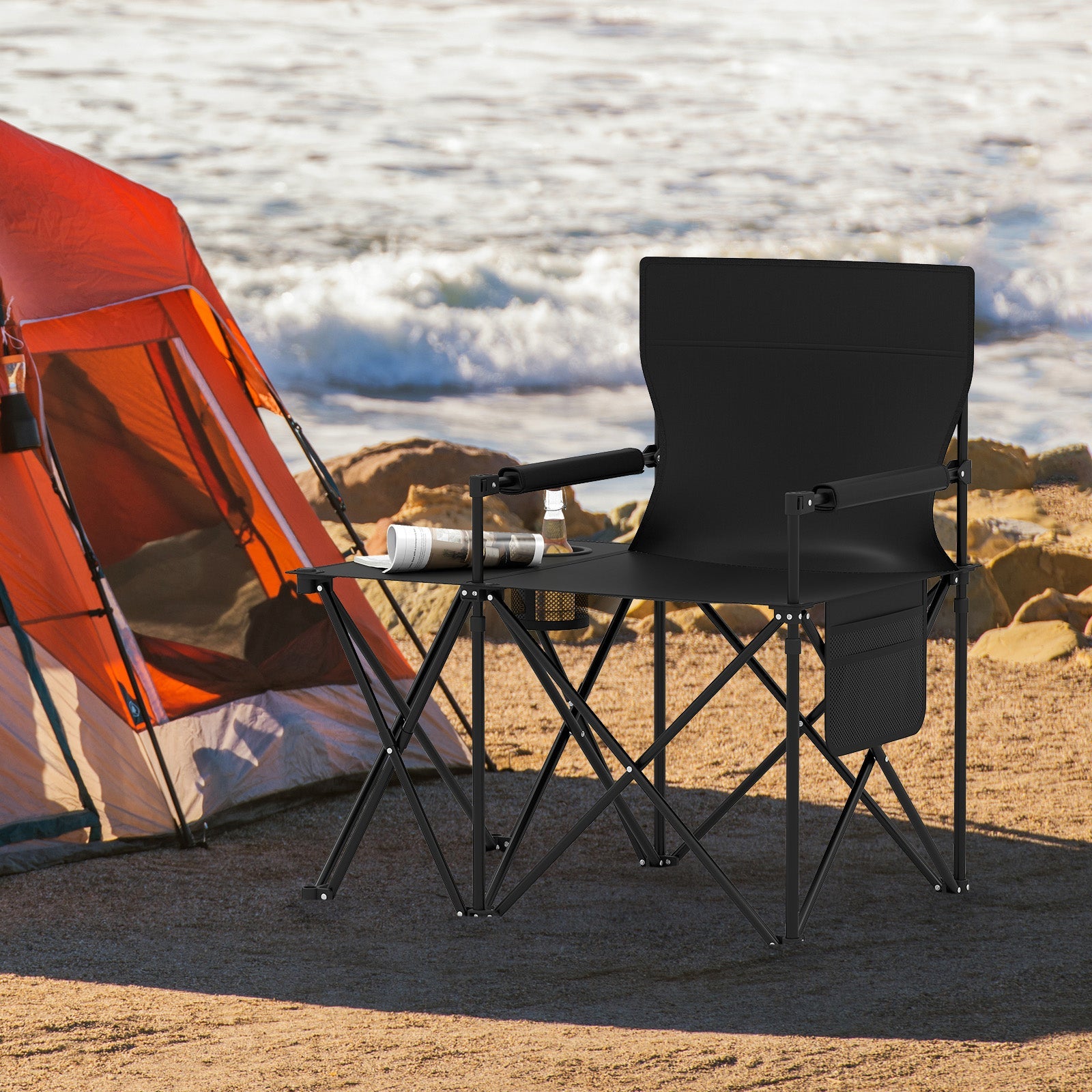 Oversized Camping Chair with Side Table and 2 Storage Pockets