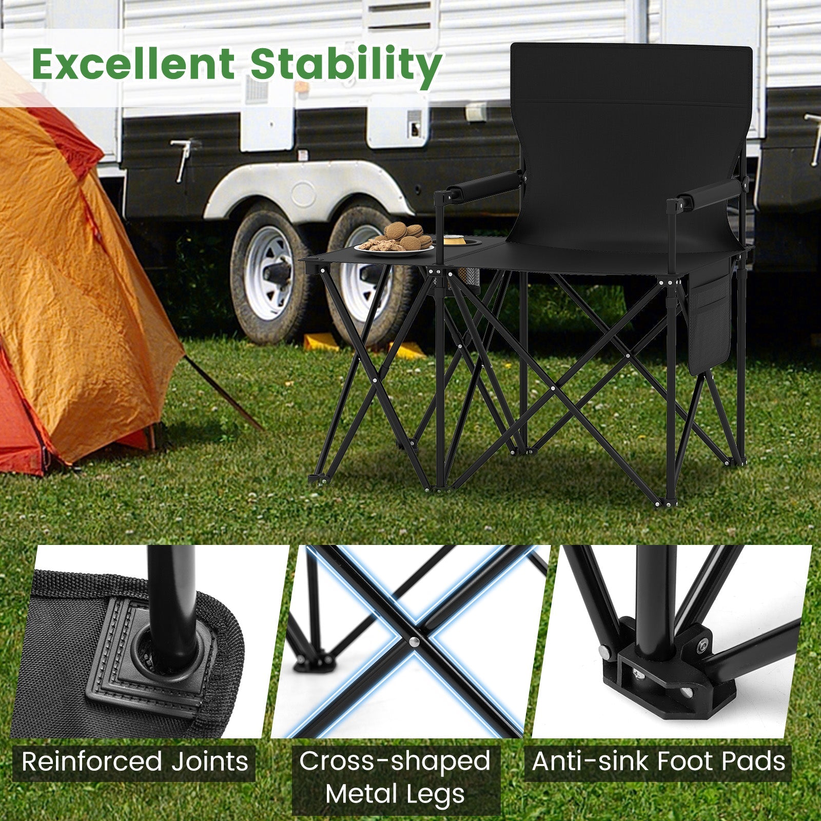 Oversized Camping Chair with Side Table and 2 Storage Pockets