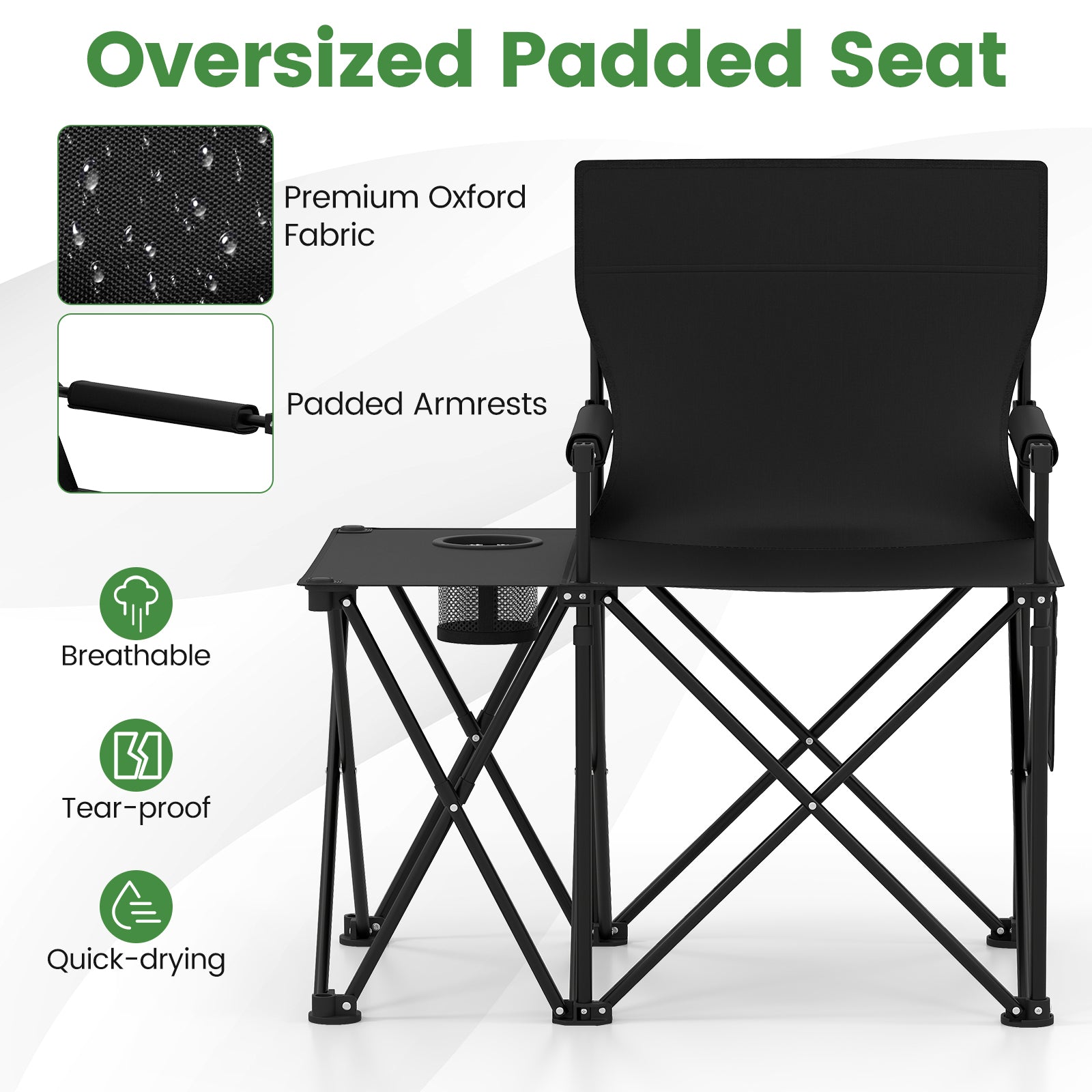 Oversized Camping Chair with Side Table and 2 Storage Pockets
