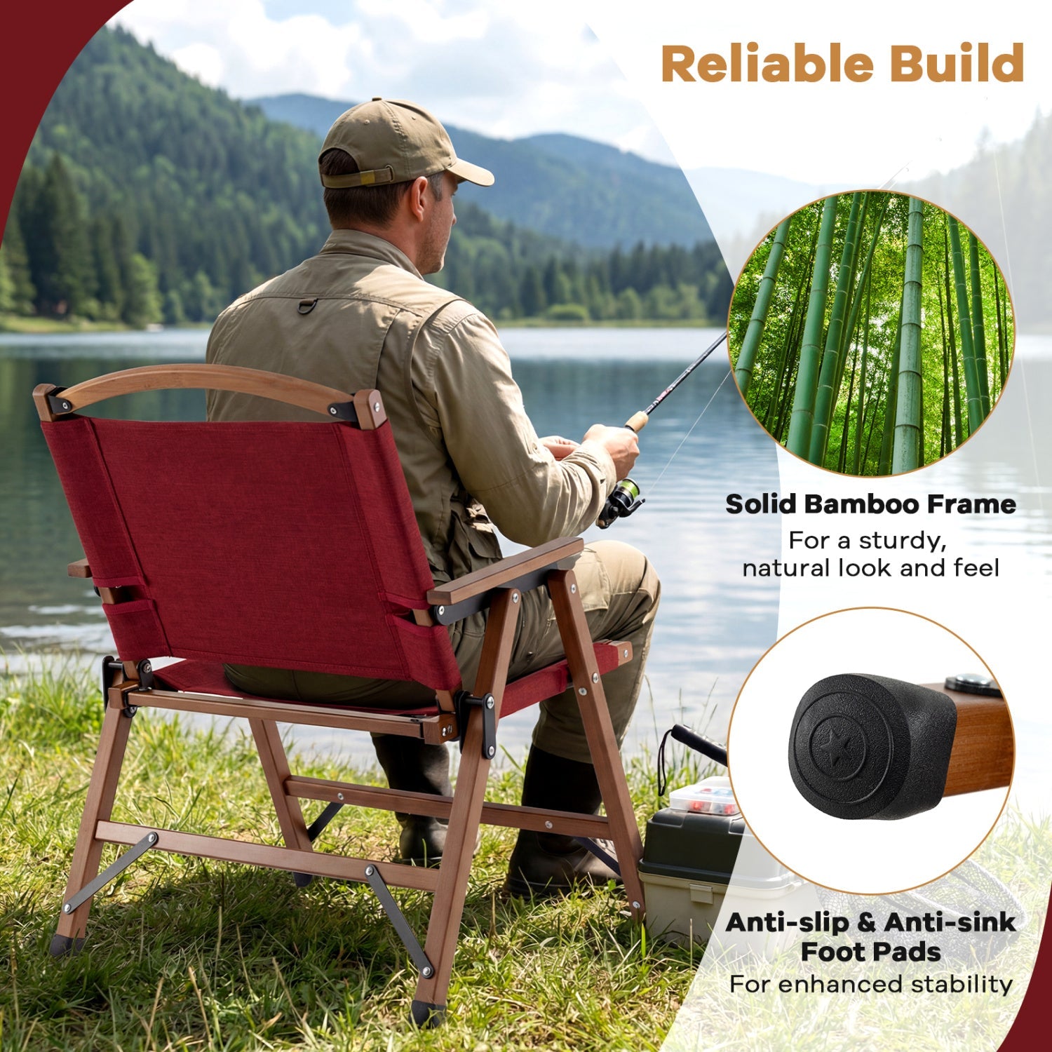 Portable and Lightweight Folding Camping Chair for Patio Picnic Leisure Fishing Travel Beach-Red