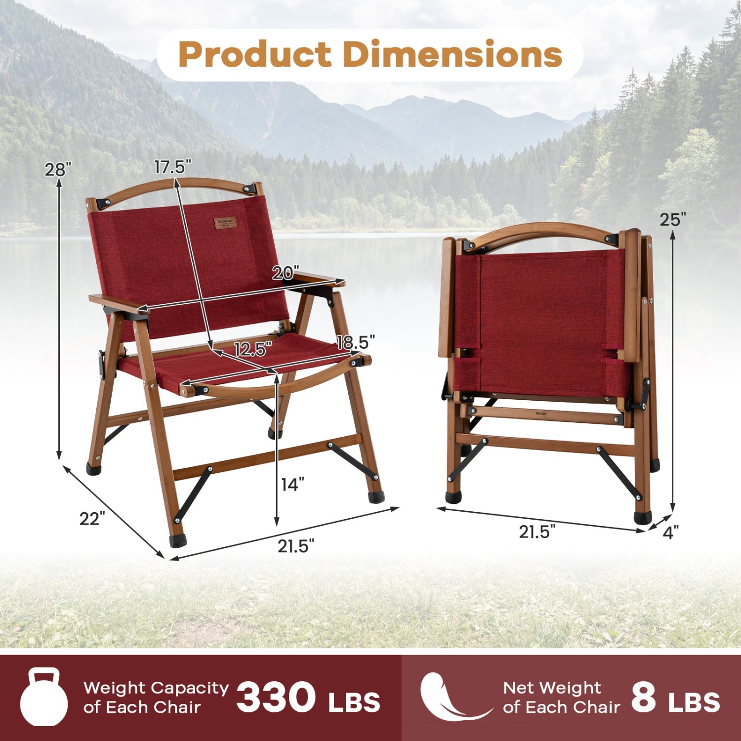 Portable and Lightweight Folding Camping Chair for Patio Picnic Leisure Fishing Travel Beach-Red