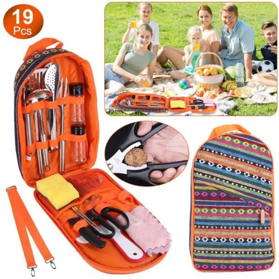 19Pcs Camping Cooking Utensil Kit Portable Picnic Cookware Outdoor Kitchen Equipment Gear Campfire Barbecue Appliances with Sto