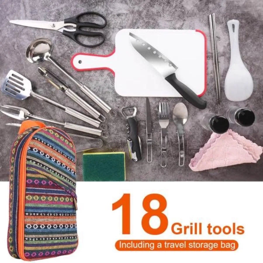 19Pcs Camping Cooking Utensil Kit Portable Picnic Cookware Outdoor Kitchen Equipment Gear Campfire Barbecue Appliances with Sto