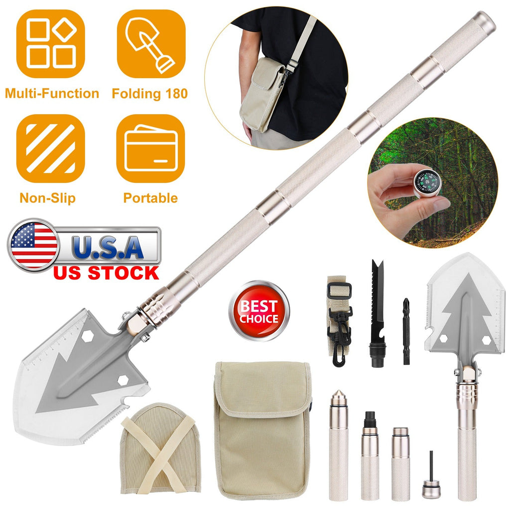 Military Folding Shovel Multifunctional Survival Emergency Spade Tactical Multi Tool For Outdoor Camping Hiking Backpacking w/ Compass