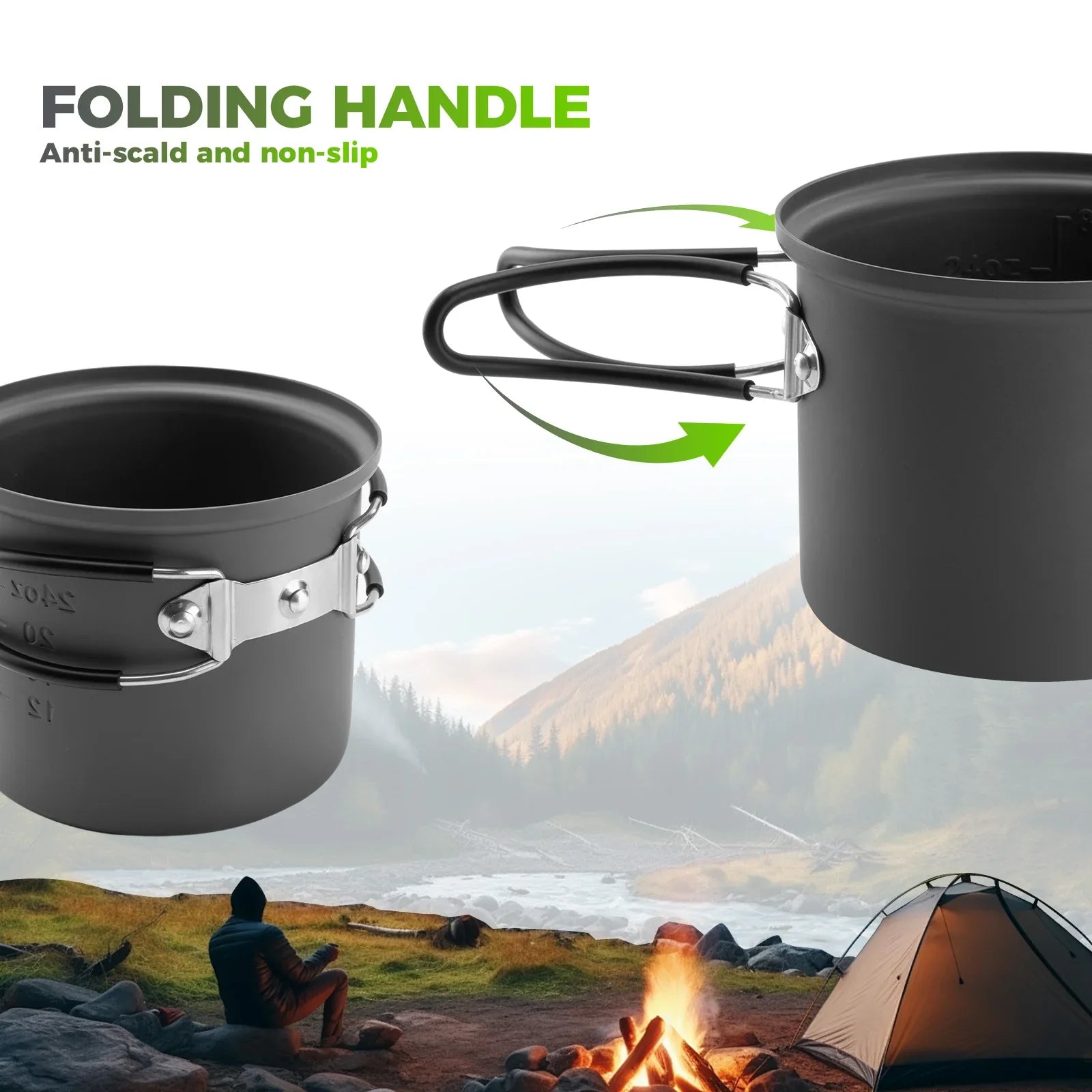 Ultra-Light Aluminum Camping Cookware Set with Nestable Design Handle